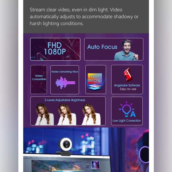 NEW Angetube Streaming 1080P HD Webcam Ring Light + Mic Video Web Camera 967 - Picture 8 of 11